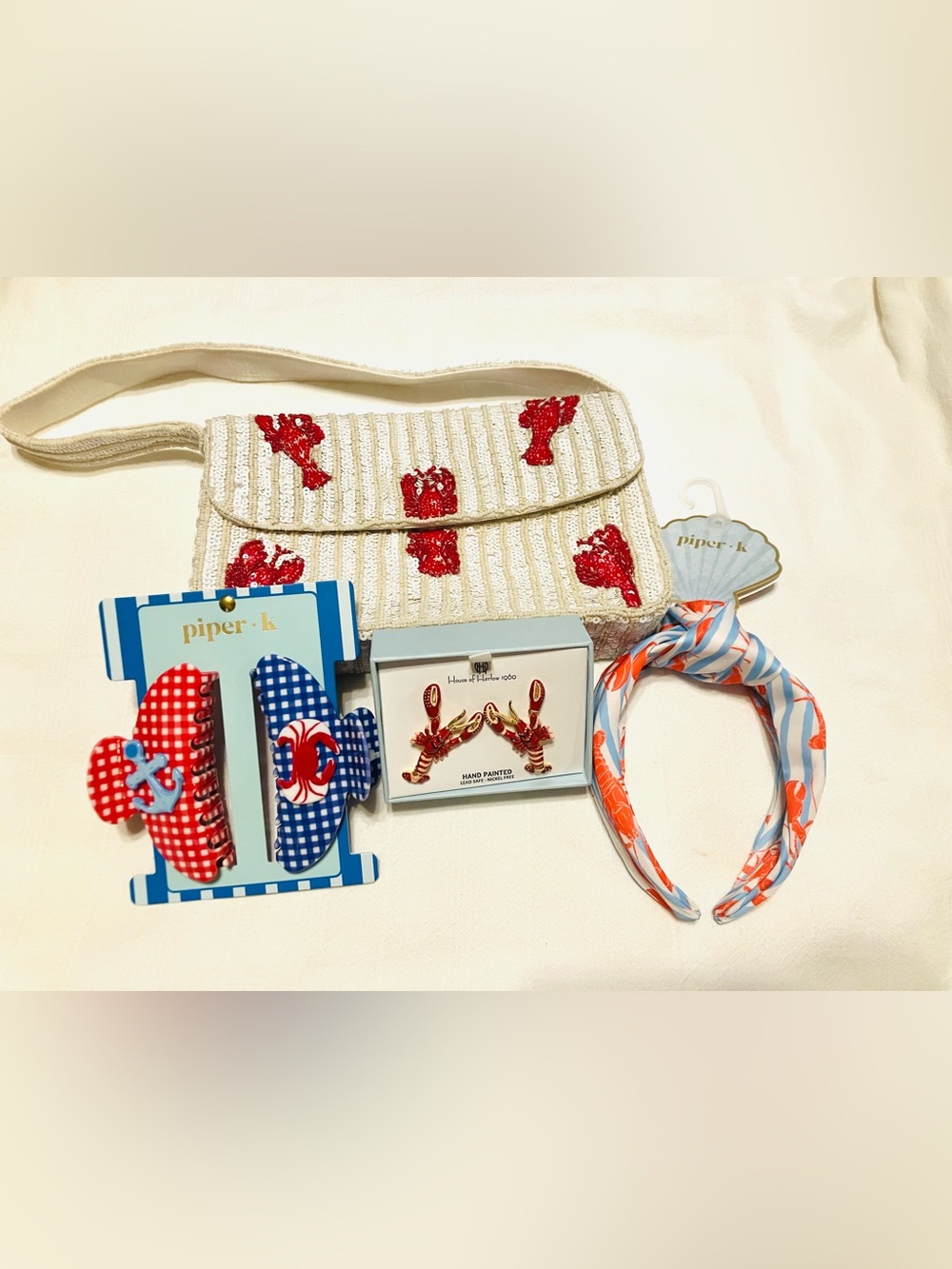 NWT Coastal Lobster Nautical Gift Set -  Beaded Bag Headband Earrings Hair Clips
